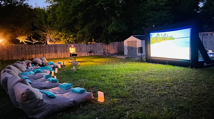 Outdoor Movie Set-up with Big Screen and Outdoor Seats