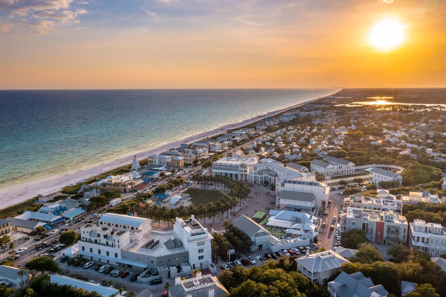 Aerial view of the beaches of 30a at sunset