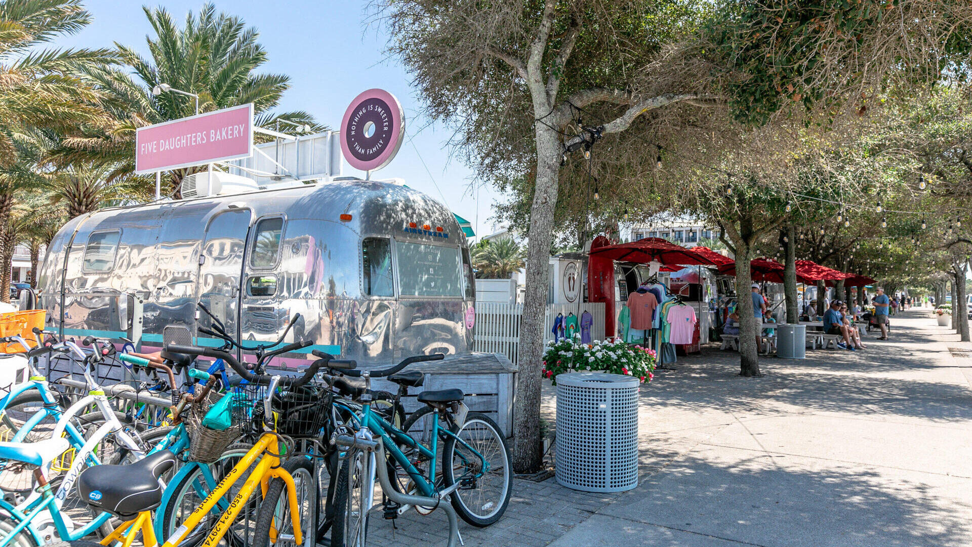 View of bikes in front of Airstream Row: one of the top things to do in Seaside FL